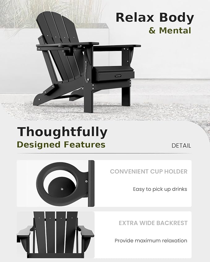 MUCHENGHY Folding Adirondack Chairs 4 Pack, Patio Chairs, Fire Pit Chairs, Outdoor Chairs, Plastic Adirondack Chairs, Lawn Chairs Weather Resistant with Cup Holder for Deck, Backyard, Garden(Black)