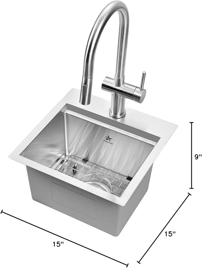 STARSTAR Workstation Ledge Top Mount/Drop-in 304 Stainless Steel Luxury Single Bowl For Kitchen,Yard, Office, Bar, Laundry Sink (15 x 15)