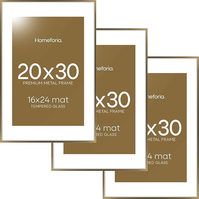 Homeforia 20x30 Picture Frame Bronze, High End Metal 20 x 30 Large Poster Frames with Mat 16 by 24 for Photo, 20x30 Brass Frame Matted to 16x24, 30x20 Hanging Frame, Tempered Glass, Wall Kit, Set of 3