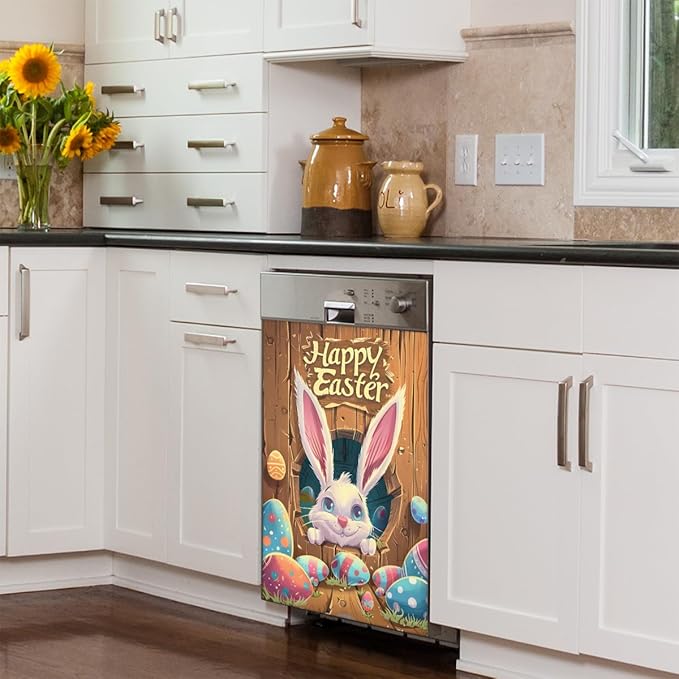 Cute Easter Bunny Egg Wood Cave Dishwasher Magnet Cover, Reusable Refrigerator Panel Stickers Microwave Front Door Covers Magnets for Kitchen Home Appliances Holiday Party Decorations 23 X 26 in