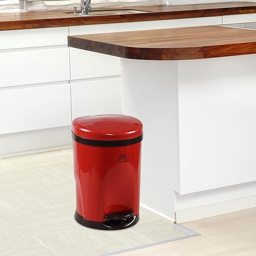 1.8 Gallon Plastic Round Step Trash Wastebasket with Lid, Small Bathroom Step Pedal Trash Can with Inner Bucket, Red