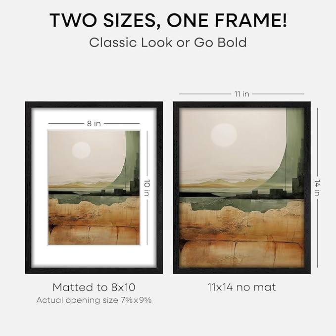 Homeforia 11x14 Picture Frame Black Wood, High End Oak 11x14 Poster Frames with Mat 8x10, 11 x 14 Wooden Frame Matted to 8 x 10 inch Photo, 14x11 Thin Hanging Frame, Tempered Glass, Wall Kit, Set of 3