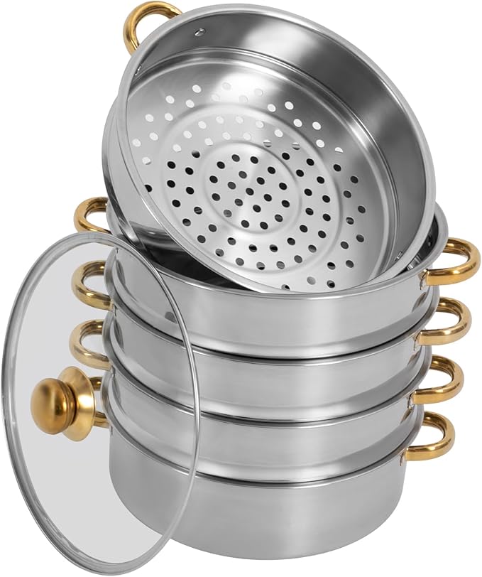 Stainless Steel Steamer Pot, 11-Inch Steamer for Cooking, 5-Tier Food Steam Pots with Lid for Cooking Vegetables, Seafood, Soups, Stews, Dumplings and Pasta