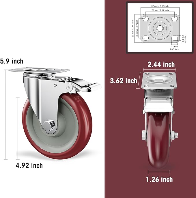 5 Inch Heavy Duty Casters with Brake - Set of 16, 1400lbs Capacity, Double Ball Bearing Non-Marking Caster Wheels, Plate Mount for Furniture, Cart, Workbench, Tool Cabinet, Garage Storage (16 Pack)