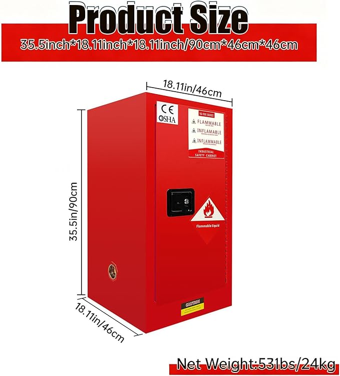 Flammable Storage Cabinet 30 Gallon Red, Galvanized Steel Professional Flammable Liquid Storage Cabinet, 3-Point Locking System & Adjustable Shelf for Manufacturing Plants, Lab & Home Garage