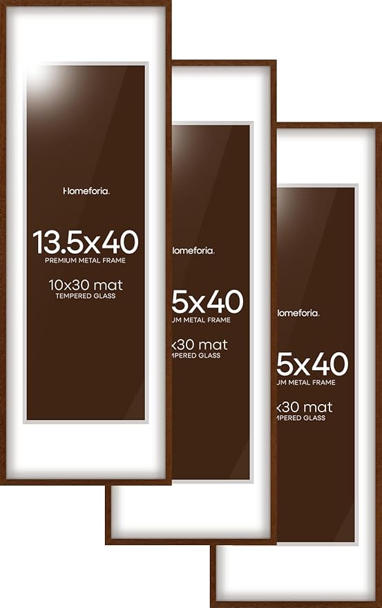 Homeforia 13.5x40 Picture Frame Brown, High End Dark Oak 13.5by40 Walnut Wood Poster Frame with Mat 10x30, 13.5 x 40 Panoramic Wooden Frames Matted to 10 x 30 Print, Tempered Glass, Wall Kit, Set of 3