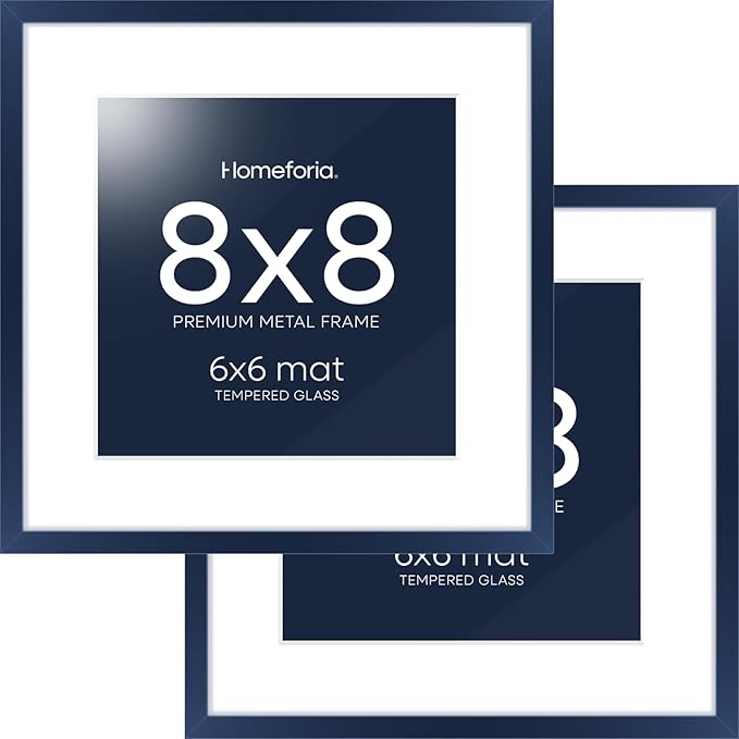 Homeforia Navy Blue Frame 8x8, High End Metal 8 x 8 Square Picture Frames with Mat 6 x 6 Art, 8x8 Photo Frame Matted to 6x6 inch Print, 8by8 Wall or Tabletop Frames, Tempered Glass, Wall Kit, Set of 2