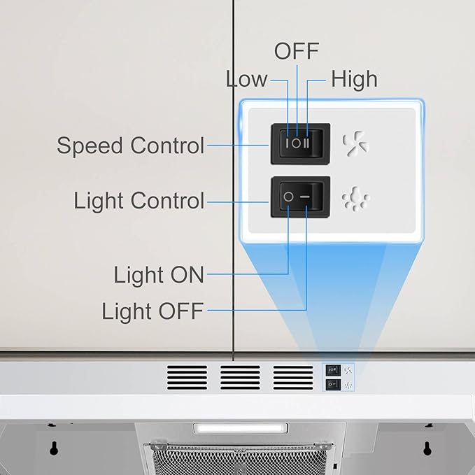 SNDOAS 24 inch Range Hood,230 CFM Under Cabinet Range Hood White,Hard Wired Ductless Range Hood Convertible Ducted,White Spray Painting Stainless Kitchen Hood with 2-Speed Fan,Rocker Switch