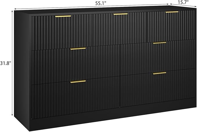 7 Drawers Dresser for Bedroom,55" Wide Fluted Dresser with Deep Drawers, Modern Chest of Drawers, Wood TV Stand Storage Organizer for Closet, Living Room, Hallway, Black