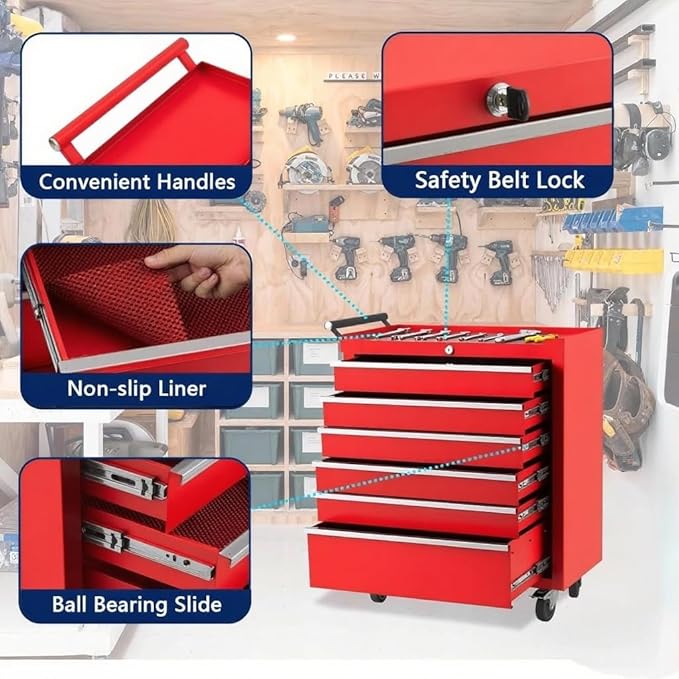 IDEALHOUSE Rolling Tool Chest, 6 Drawers Tool Storage Cabinet, Toolbox with Wheels, Portable Tool Cabinet Organizer with Locking System & Drawer Liners, Tool Storage Cart for Garage, Workshop, Red