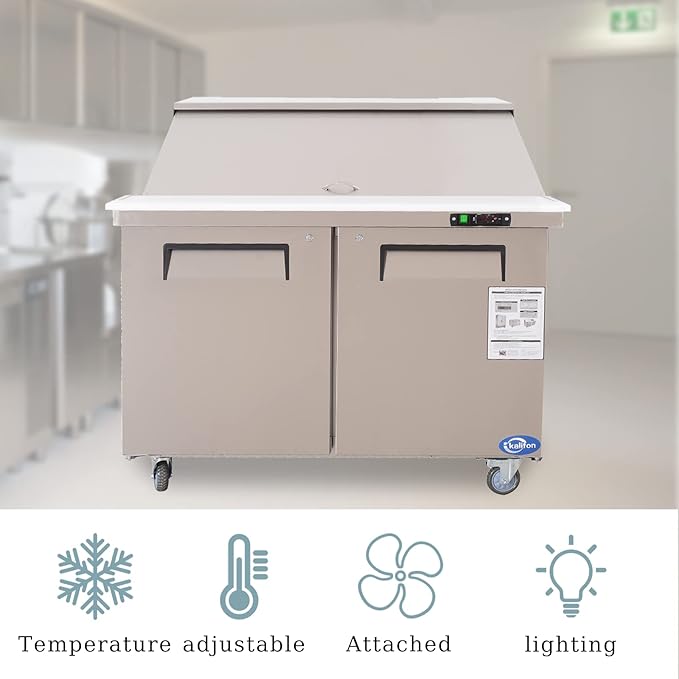 WESTLAKE 48" W 2 Door Refrigerator Sandwich & Salad Prep Table Commercial Mega Top Refrigerator Stainless Steel Counter Fan Cooling with 18 pans-48 Large Capacity Inches for Restaurant