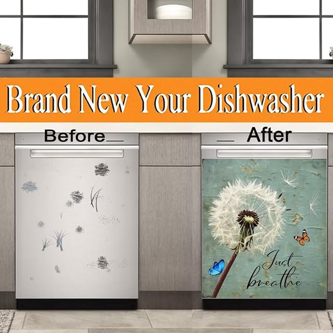 Farm Floral Dandelion Dishwasher Magnet Cover,23"" x 17"" Dishwasher Cover,Retro Countryside Butterfly Magnetic Decal Vinyl Sticker Kitchen Decor Refrigerator Magnets Self Adhesive Wrap, Just Breathe
