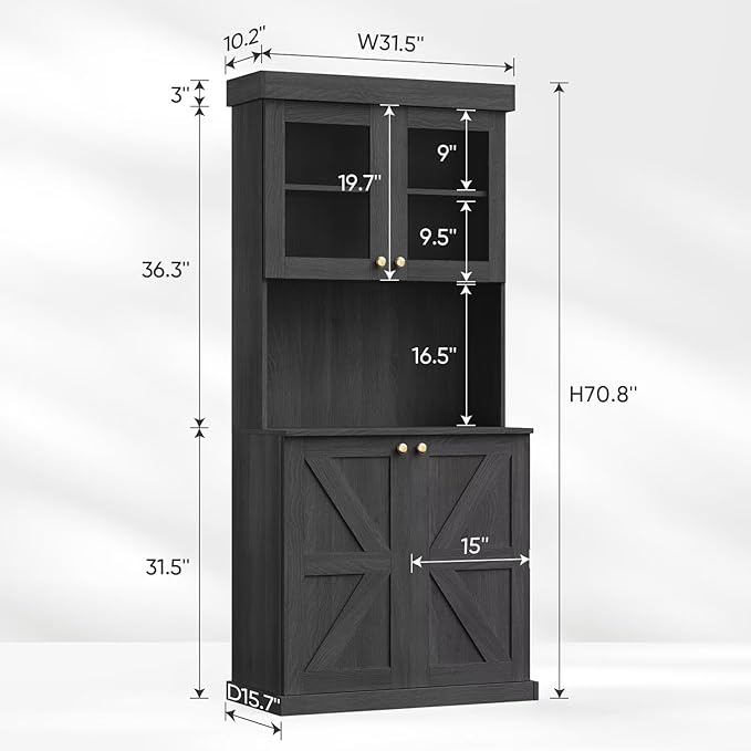 Vyre 71" Farmhouse Kitchen Pantry Cabinet Set of 4, Black Freestanding Coffee Bar Hutch with Glass Doors & Adjustable Shelves, Large Storage Cabinet with Microwave Stand for Living Room & Kitchen
