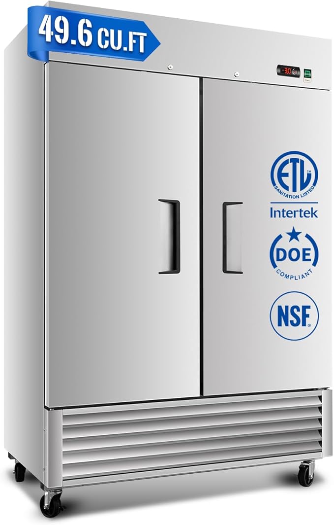 54" W Commercial Refrigerator, 49.6 Cu.ft Reach-In Double Door Stainless Steel commercial fridge, 6 Shelves, Fan Cooling, Auto Defrost, Digital Thermostat - Ideal for Restaurant, Bar, Cafe, Shop