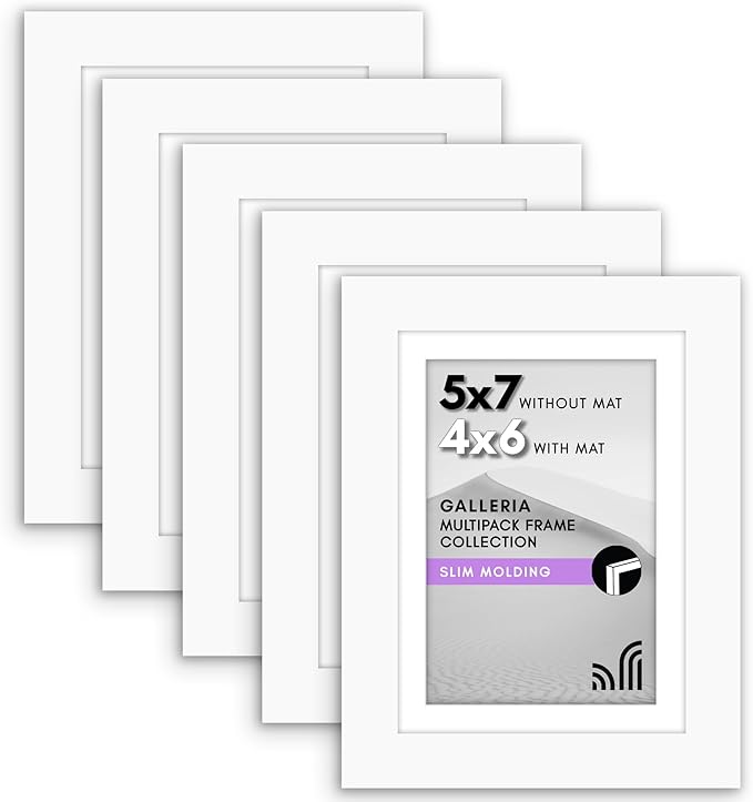 Americanflat 5x7 Picture Frame with Polished Plexiglass - Set of 5 - Use as 4x6 Frame with Mat or Display 5x7 Photo Without Mat - Galleria Collection - Picture Frames for Tabletop and Wall - White