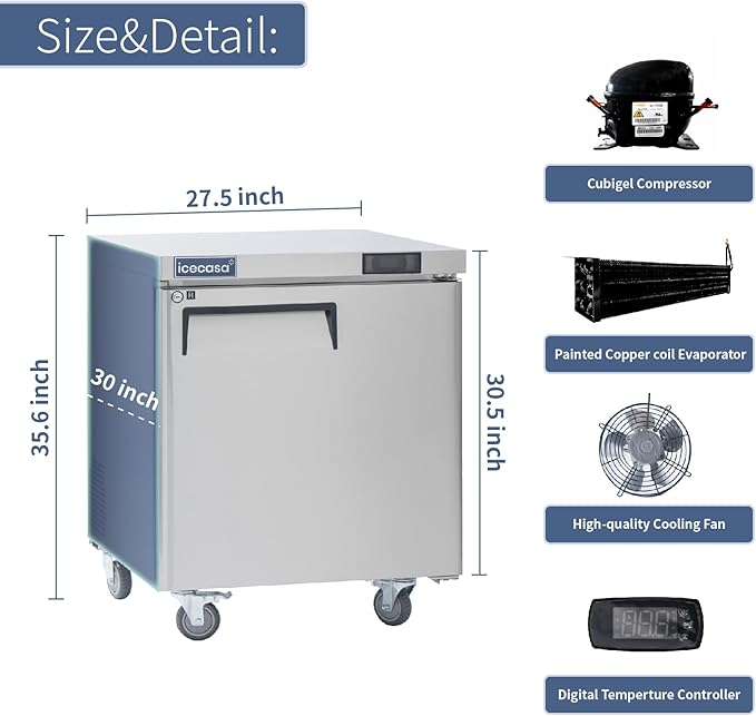 ICECASA 27" W Commercial Refrigerator Worktop Undercounter Refrigerator Single Door Stainless Steel Counter Fan Cooling Refrigerator 7 Cu.ft for Restaurant, Bar, Shop, etc