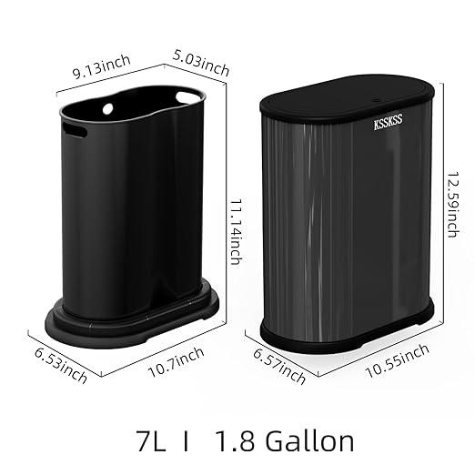 1.8 Gallons Small Stainless Steel Trash Can with Press Type Lid, Slim Bathroom Garbage Bin, Removable Liner Bucket, Narrow Wastebasket with Pop-Up Lid for Bedroom,Toilet (Titanium Black)