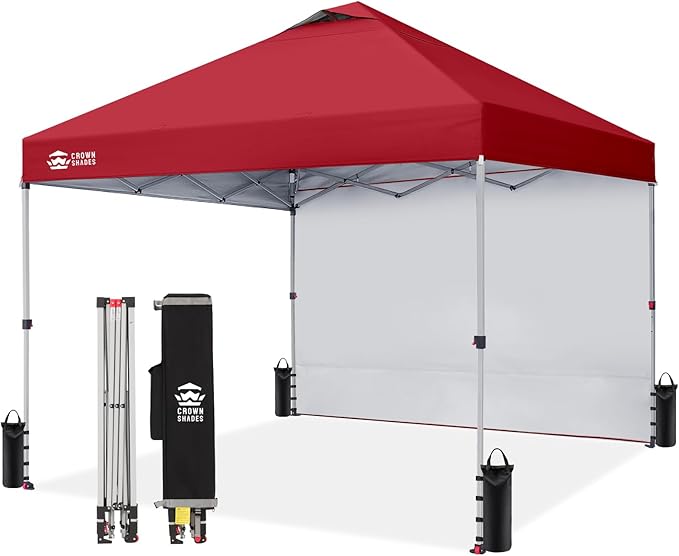 CROWN SHADES 10x10 Pop Up Canopy with 1 Side Wall - Beach Tent with One Push Setup - Outdoor Sun Shade for Events, Parties, Camping - Gazebo with STO-N-Go Cover Bag (Red)