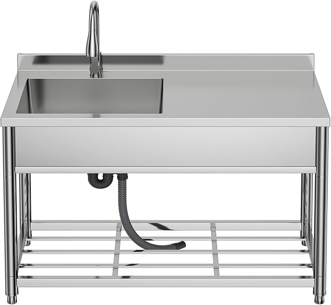 Commercial Sink with Drainboard, Stainless Steel Utility Sink with Pull-out Faucet, Free Standing Single Bowl Kitchen Sink with Workbench for Restaurant, Garage, Outoor, 21.7"D x 47.2"W x 37"H