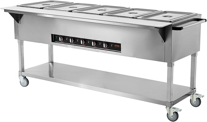 VEVOR 5-Pan Commercial Food Warmer, 5 x 20.6QT Electric Steam Table, 3750W Professional Buffet Catering Food Warmer with 4 Wheels (2 Lockable), Food Grade Stainless Steel Server for Party Restaurant