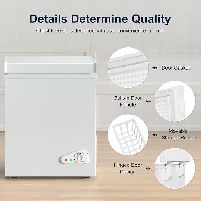 TABU 7.0 Cubic Feet Chest Freezer, Compact Freestanding Deep Freezer with 7 Level Adjustable Thermostat & Removable Basket,Top Opening, Low Noise(White, 7.0 Cu.Ft.)