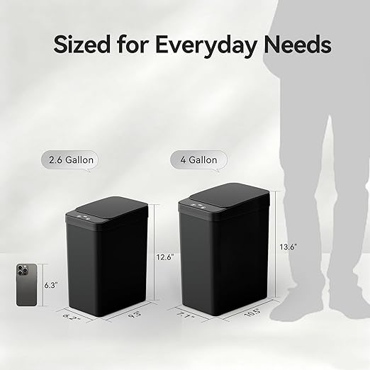 Bathroom Trash Can, 2.6 Gallon Automatic Motion Sensor Touchless Garbage Can, Waterproof Trash Bin with Lid, Narrow Small Waste Bin for Kitchen, Office, Bedroom, Black