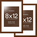 Homeforia 12x8 Picture Frame Brown, High End Dark Oak 8x12 Walnut Wooden Frames with Mat 6x8 Photo, 8 x 12 Wood Frame Matted to 6 by 8 Print, Wall or Tabletop Frame, Tempered Glass, Wall Kit, Set of 2