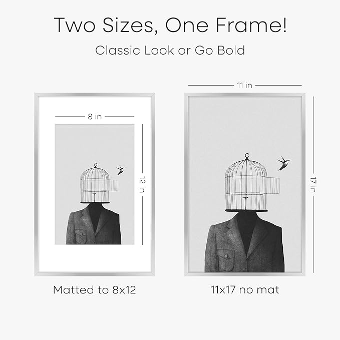 Homeforia 11 x 17 Frame Silver, High End Metal 11x17 Picture Frames with Mat 8x12 for Photo, 11 x 17 Silver Poster Frame Matted to 8 x 12 Print, 17x11 Hanging Frame, Tempered Glass, Wall Kit, Set of 4
