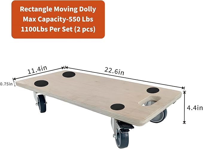 Furniture Mover Dolly Portable Wood Rolling Mover for Heavy Furniture Sofa Cabinet Refrigerator, with 4 360° Rotatable Rubber Universal Wheels, 551 Lbs Capacity, Black (Hardwood Rectangle)