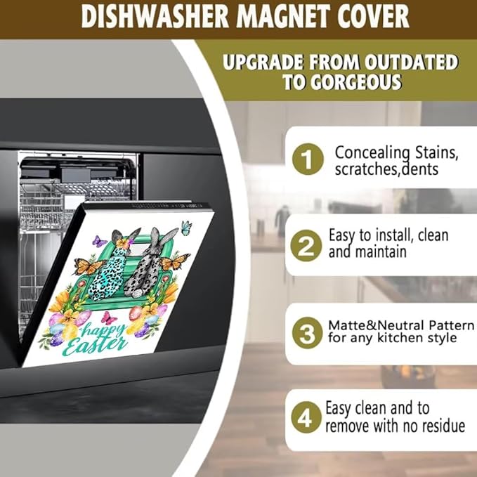 Happy Easter White Magnetic Dishwasher Cover Vinyl Sticker, Farm Bunnies Floral Dishwasher Magnet Cover, Easter Eggs Fridge Barn Door Cover Magnets Art Skin Panel Decal for Home Decor, 23"X26"