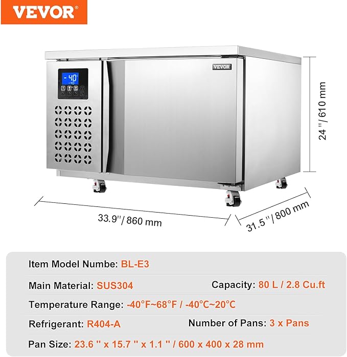 VEVOR 80 L Blast Chiller, 3 Trays Commercial Flash Freezers, <-31~68°F> 4 Modes Chest Shock Frozen, 304 Stainless Steel Flash Freezer, 360° De-frost Blast Chiller with Casters for Seafood, Ice Cream