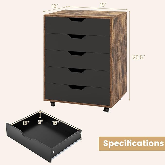 File Cabinet, Mobile Filing Cabinet w/Universal Wheels & 5 Drawers, Wood Printer Stand with Storage, Rolling File Cabinets for Home Office, Living Room, Bedroom (Rustic Brown, 5 Drawers)