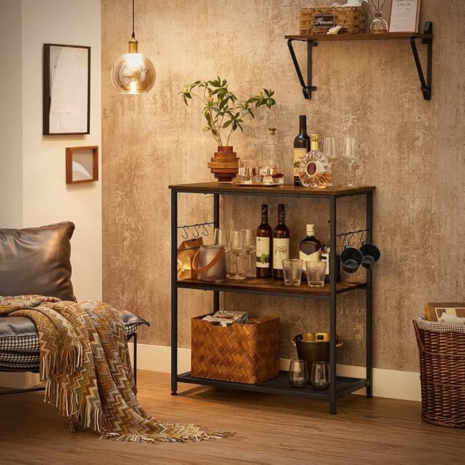 VASAGLE Bakers Rack, Kitchen Shelf, Kitchen Island, Microwave Oven Stand with 3 Open Shelves, 6 Hooks, Metal Frame, 15.7 x 31.5 x 35.4 Inches, Industrial, Rustic Brown and Black UKKI002B01