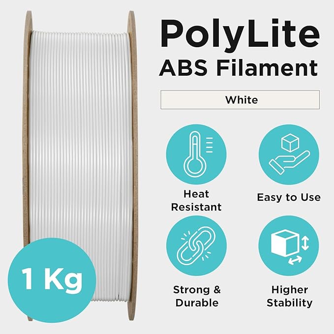 Polymaker ABS Filament 1.75mm White, 3D Printer Filament 1.75mm Heat Resistant 1kg - PolyLite ABS 3D Printing Filament 1.75mm, Strong & Durable, Dimensional Accuracy +/- 0.03mm