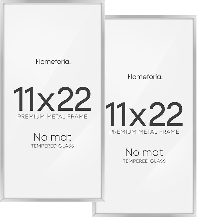 Homeforia 11x22 Newspaper Frame Silver, High End Metal 11 x 22 Picture Frame without Mat, 22x11 Thin Silver Poster Frames for Wall, 11by22 inch Display Photo Frames, Tempered Glass, Wall Kit, Set of 2