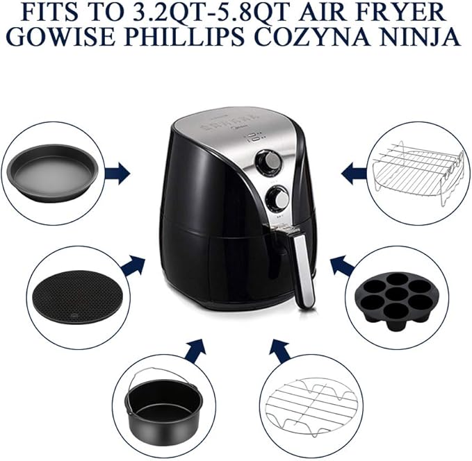 Air Fryer Accessories 9PCS for Gowise Gourmia Cozyna Ninja Air Fryer, Fit all 3.7QT - 5.8QT Power Deep Hot Air Fryer with 7 Inch Cake Barrel, Pizza Pan, Cupcake Pan, Oven Mitts, Skewer Rack,