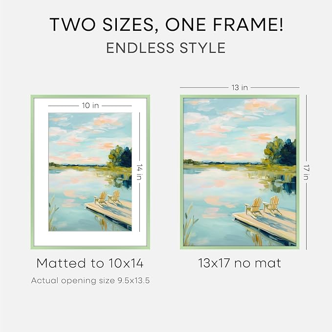 Homeforia 13x17 Picture Frame Sage Green, High End Metal 13x17 Poster Frames with Mat 10x14 Photo, 13 x 17 Sage Green Frame Matted to 10 by 14 Art, 17x13 Thin Frame, Tempered Glass, Wall Kit, Set of 2