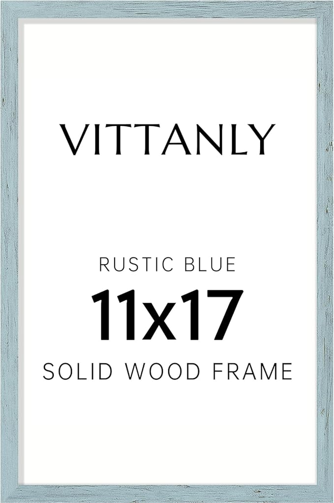 Vittanly 11x17 Picture Frame, Solid Wood Frame with Plexiglass, Includes 8x12 Mat, Wall Hanging for Photos, Home Decor, Rustic Blue, 1 Pack
