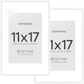 Homeforia 11 x 17 Picture Frame White, High End Metal 11x17 Poster Frames with Mat 8x12 for Photo, 11 x 17 White Frame Matted to 8 x 12 inch Print, 17x11 Thin Frame, Tempered Glass, Wall Kit, Set of 2