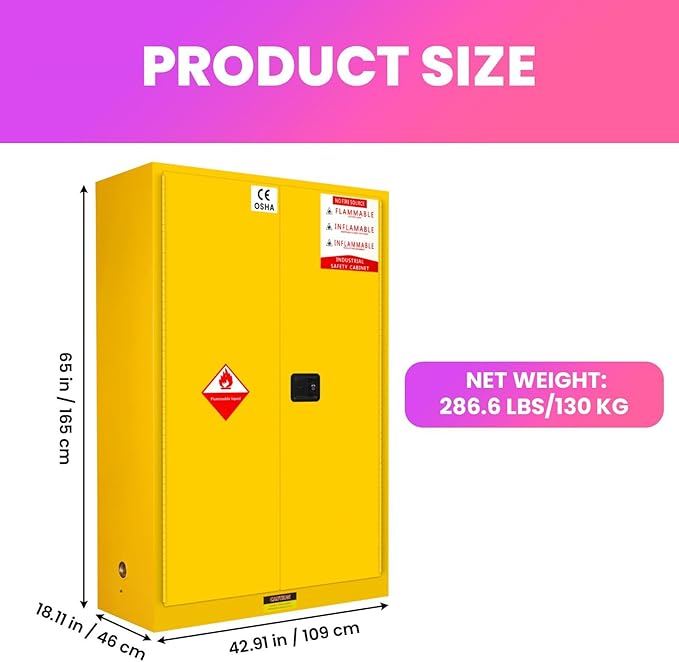60 Gallon Flammable Storage Cabinet, 65x43x18in Galvanized Steel Safety Storage Cabinet, Adjustable Shelf Fireproof Cabinets, Flammable Liquid Storages Cabinets for Commercial Industrial and Home Use