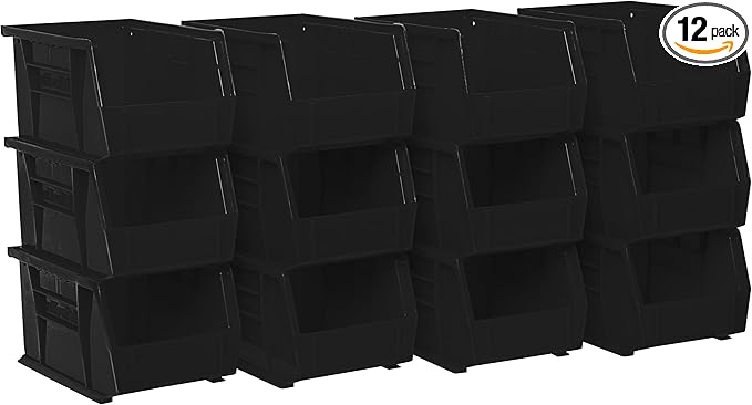 Akro-Mils 30237 AkroBins Plastic Storage Bins, Space-Saving Stackable Bins for Garage, Pantry, Craft Organization, 9-" x 6-" x 5-", Black, 12-Pack
