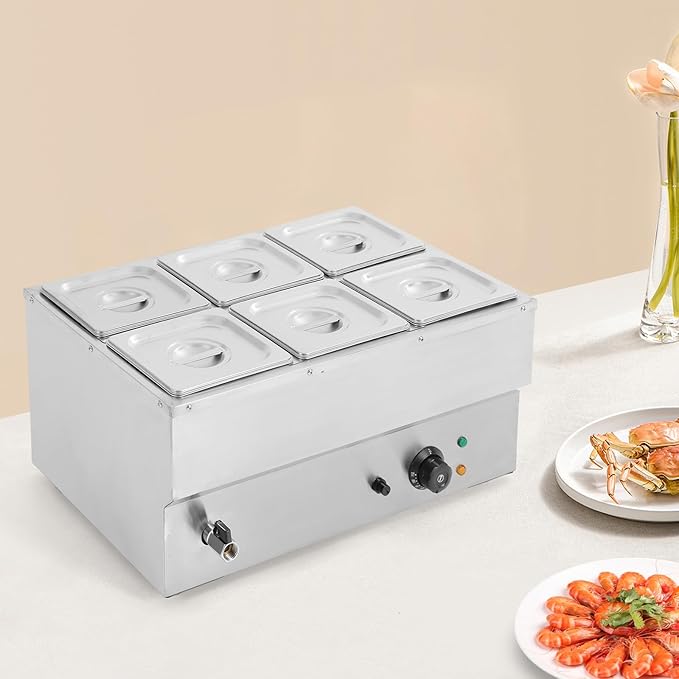 DYNAMI 110V 1500W Commercial Buffet Food Warmer,Large Capacity 6 Pan(6 * 2.3QT) Stainless Steel Electric Countertop Steam Table with Intelligent Thermostat Design,for Parties Buffet Catering