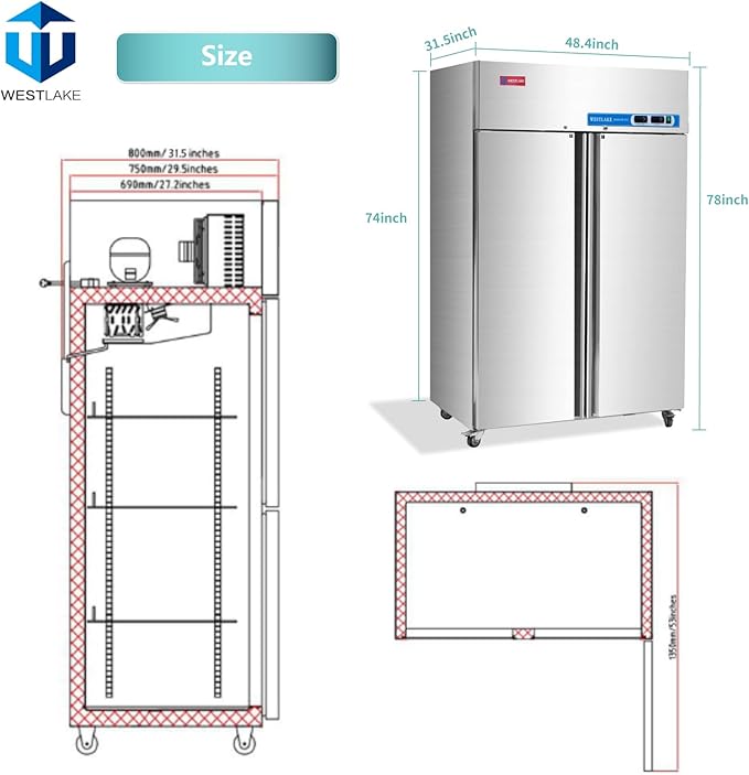 WESTLAKE Commercial Refrigerator and Freezer Combo 48"W 2 door 2 Section Stainless Steel Reach in Solid door Fan Cooling 36 Cu.ft Refrigerator and Freezer Combo for Restuarant, Bar, Shop, etc