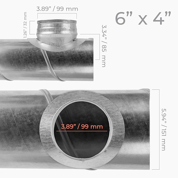 Galvanized Steel Saddle Takeoff – Round 90 Degree Splitter for 6” Duct with 4" Outlet Branch Connector - Range Hood Duct Adapter - Heavy Duty Supply/Exhaust Air Ventilation Duct Work Collar