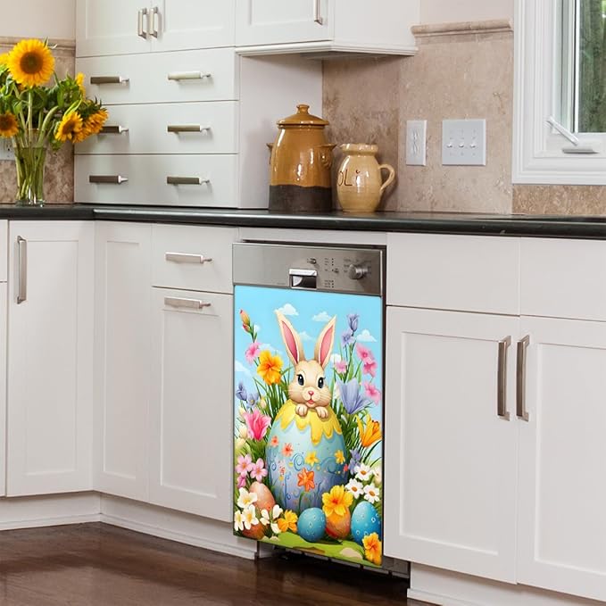 Easter Bunny Egg Bright Flower Dishwasher Magnet Cover, Reusable Refrigerator Panel Stickers Microwave Front Door Covers Magnets for Kitchen Home Appliances Holiday Party Decorations 23 X 26 in