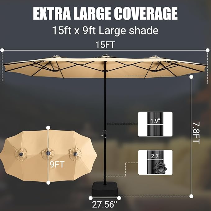 LEVELEVE 15FT Large Patio Patio Umbrella with Base & Solar LED Lights - Double-Sided,Kahaki