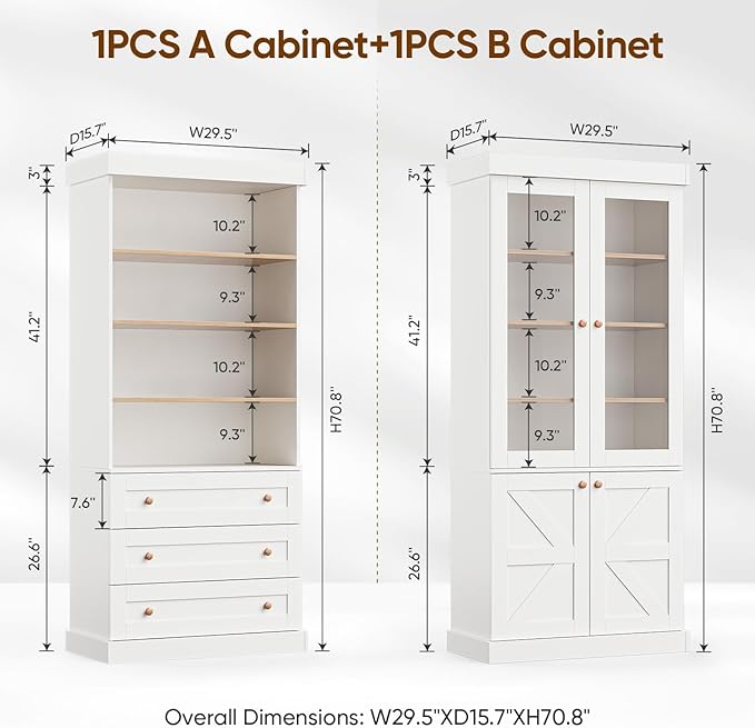 Vyre 71" Tall Farmhouse Kitchen Pantry, Large Storage Cabinets with Glass Doors, Hutch Cabinet with 3 Drawers, Adjustable Shelves for Living Room, Dining Room