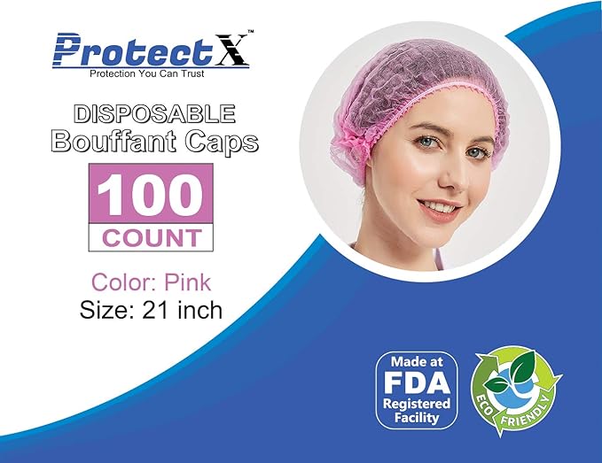 ProtectX 100-Pack Pink Disposable Hair Nets, Elastic Head Cover, Bouffant Caps, Sanitation Head Cover for Food Service, Spa Men & Women - 21 inch