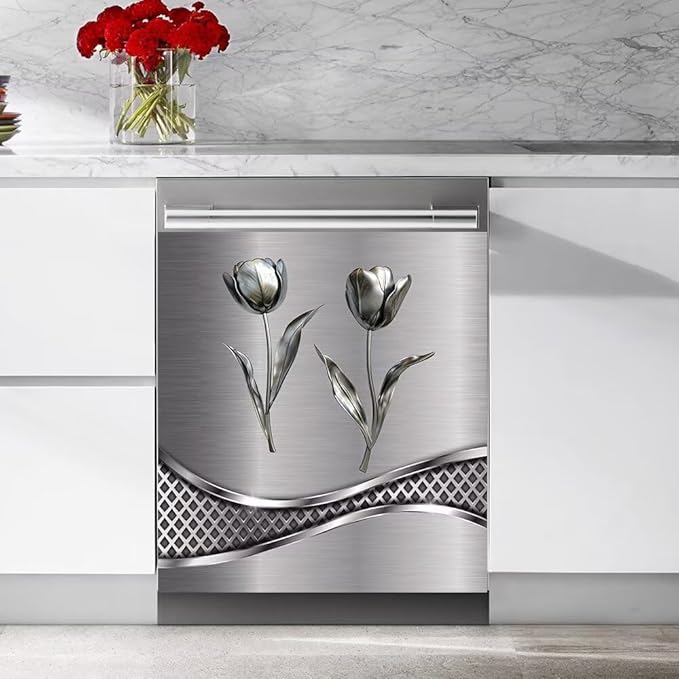 Stainless Steel Flower Pattern Dishwasher Cover Decorative Magnetic Sticker Kitchen Refrigerator Covers for The Front Fridge Door Magnet 23W x 17H inchs