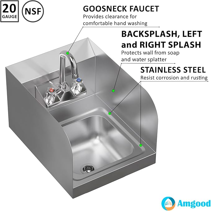 AmGood Stainless Steel Wall Mount Hand Sink | NSF | Commercial Hand Washing Basin For Restaurant, Kitchen and Home (12" x 16" with Sidesplash)